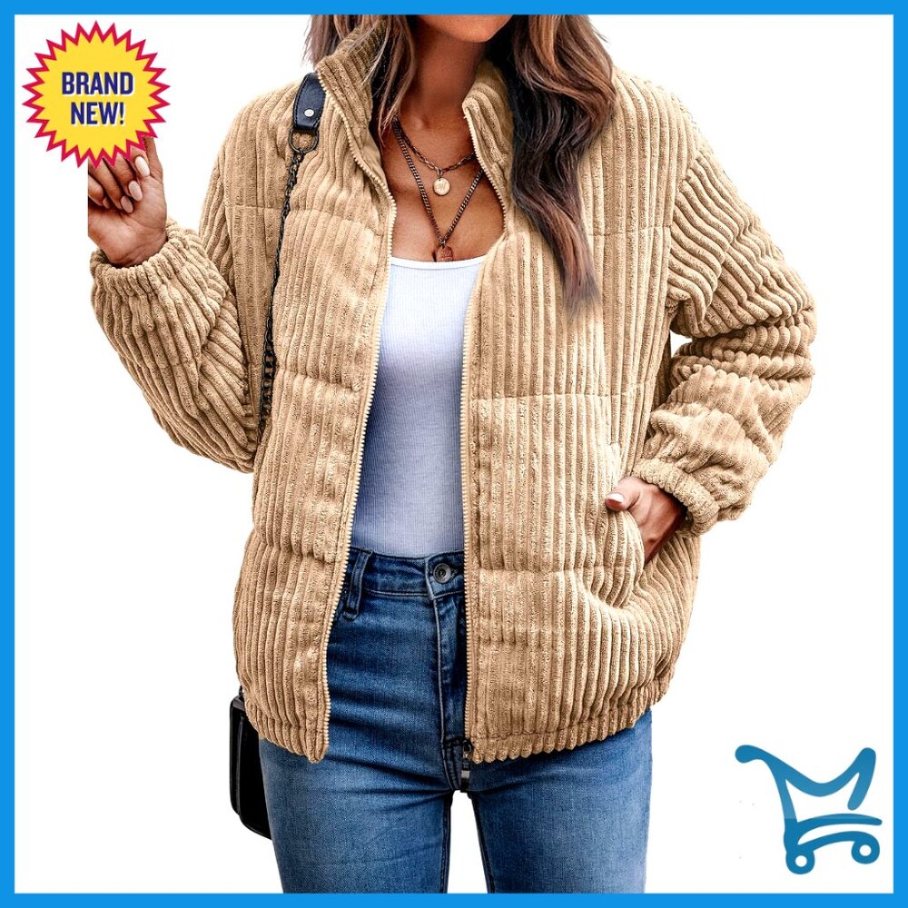 Corduroy Bomber Jacket Quilted Oversized Ribbed Zip Up Winter Coat Pockets